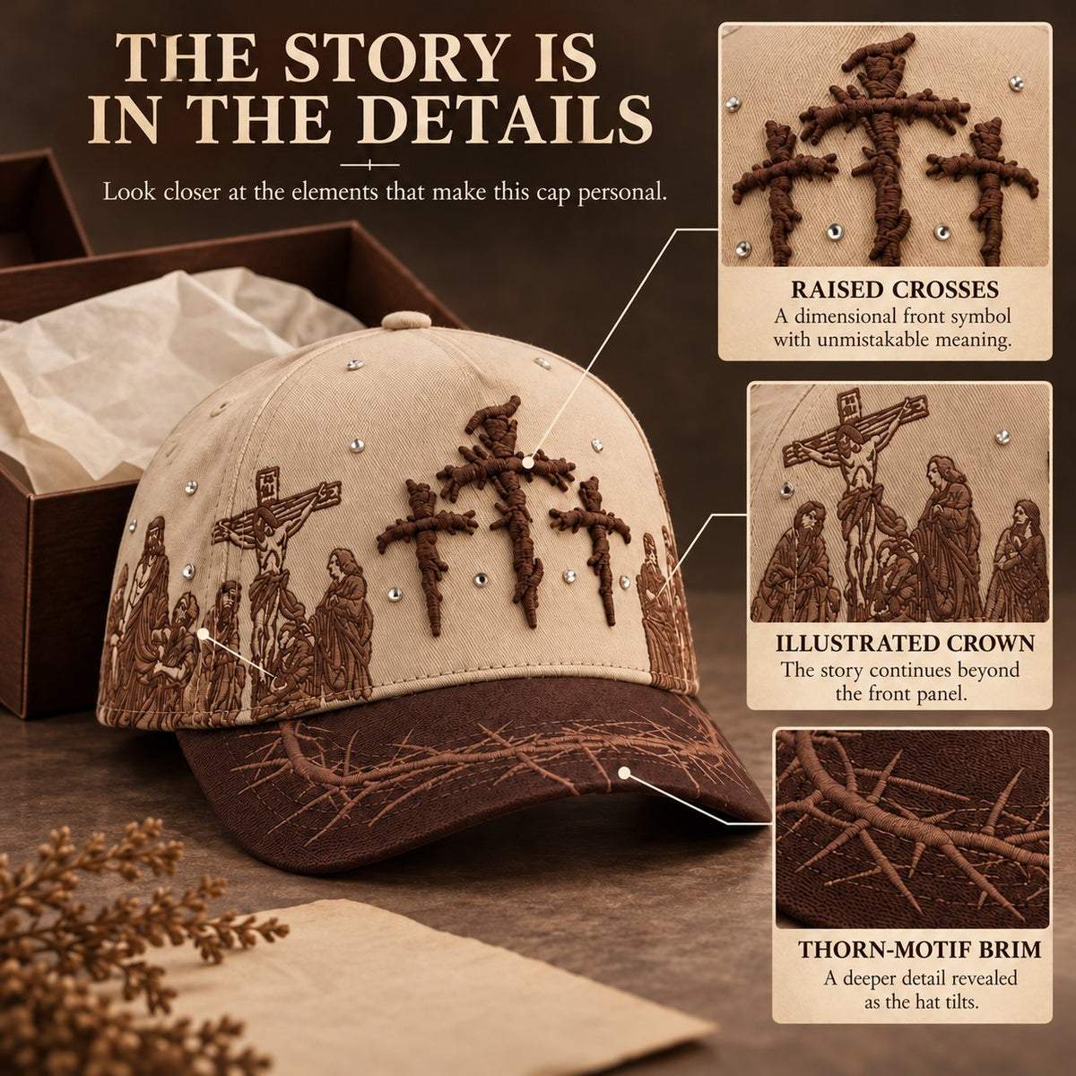 ✝️ Viacrucis Faith-Inspired Cap | Raised Crosses • Way of the Cross Artwork