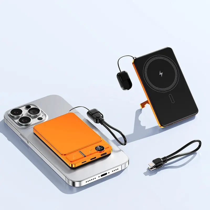 🔋 5000mAh Magnetic Portable Power Bank – 20W Fast Charging Wireless Charger with Built-In USB-C Cable, Foldable Stand & LED Battery Display for iPhone & USB-C Devices