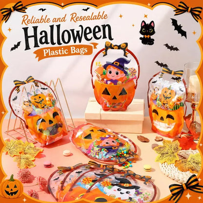 🎃25/50 PCS Halloween Goodie Bags with Handles, Pumpkin Specter Candy Gift Bags, Transparent Trick or Treat Party Favor Bags