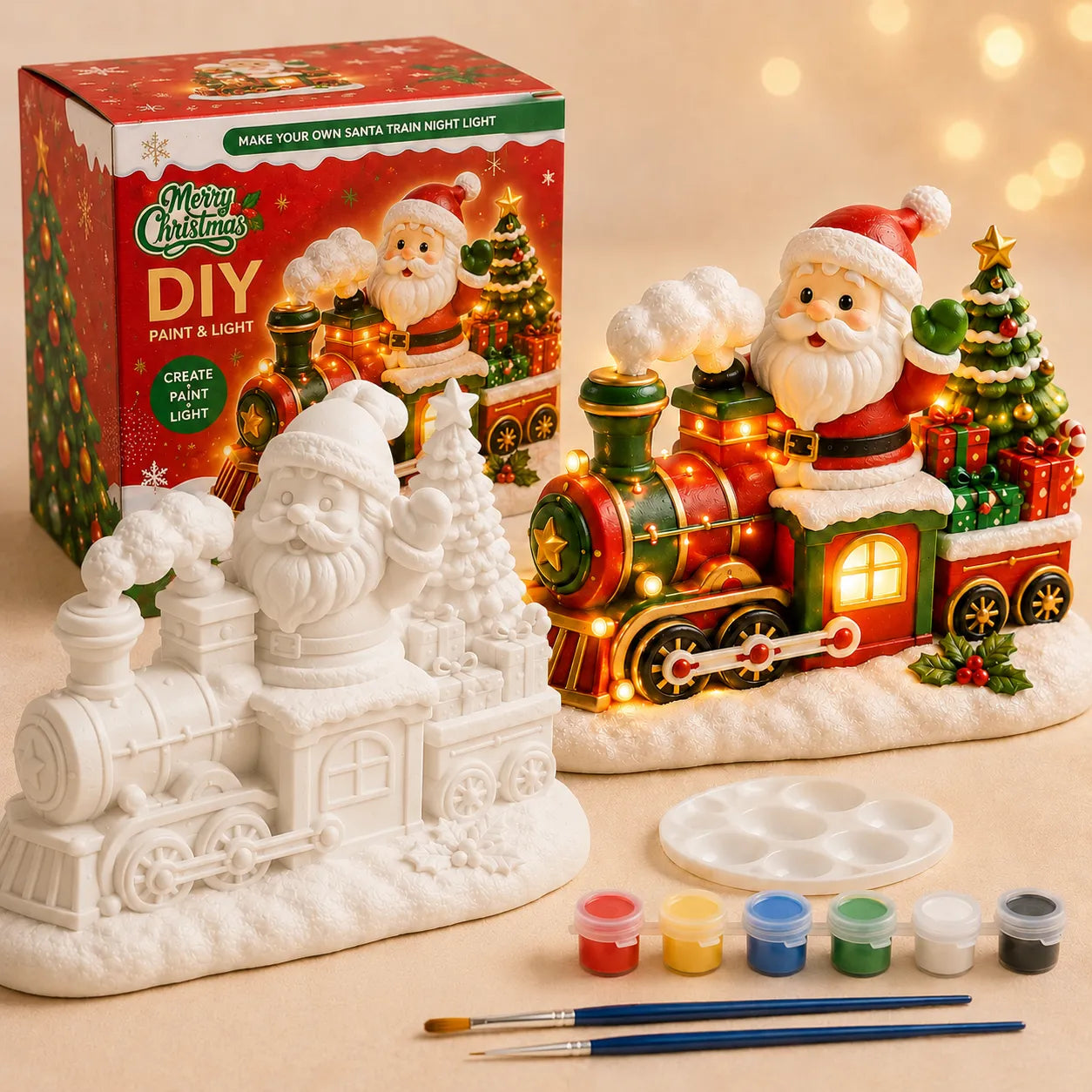 ⏳ Last Day 49% OFF – 🎨 Beginner-Friendly DIY Light-Up Santa & Christmas Tree Painting Kit | Complete Kit with Unpainted Plaster Scene, 6 Paints, 2 Brushes & Mixing Palette Included 💕