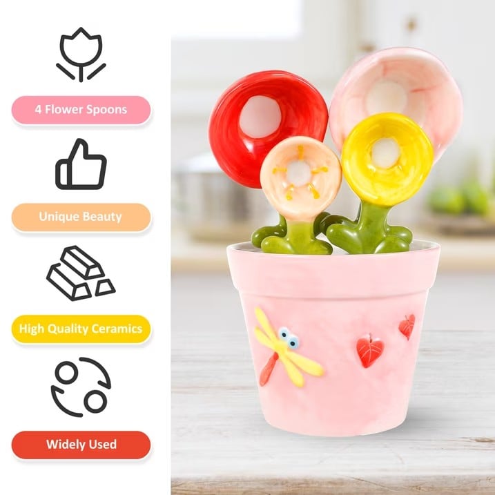 Ceramic Flower Measuring Spoons Set with Pink Pot Holder 🌸