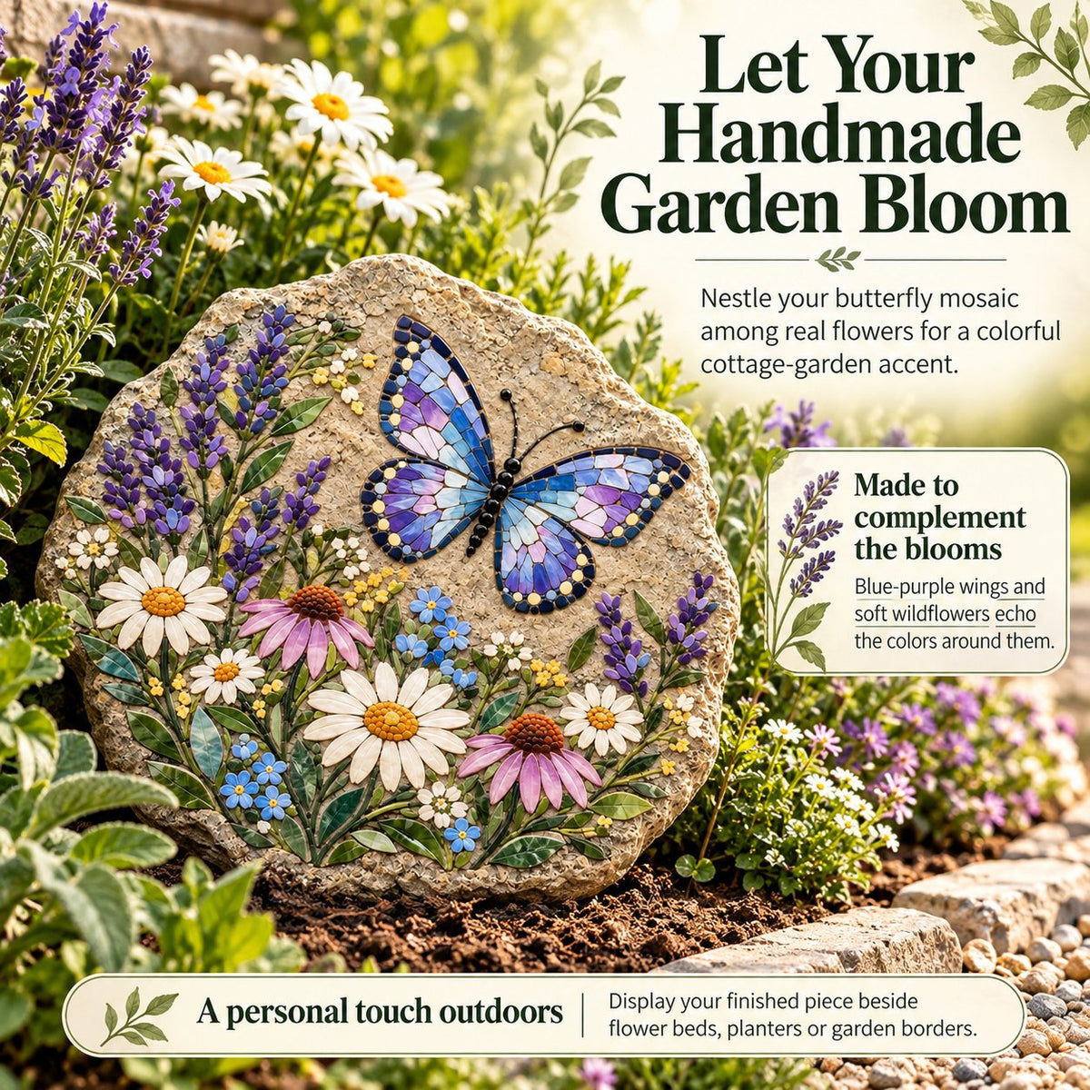 Finished butterfly mosaic among lavender and daisies
