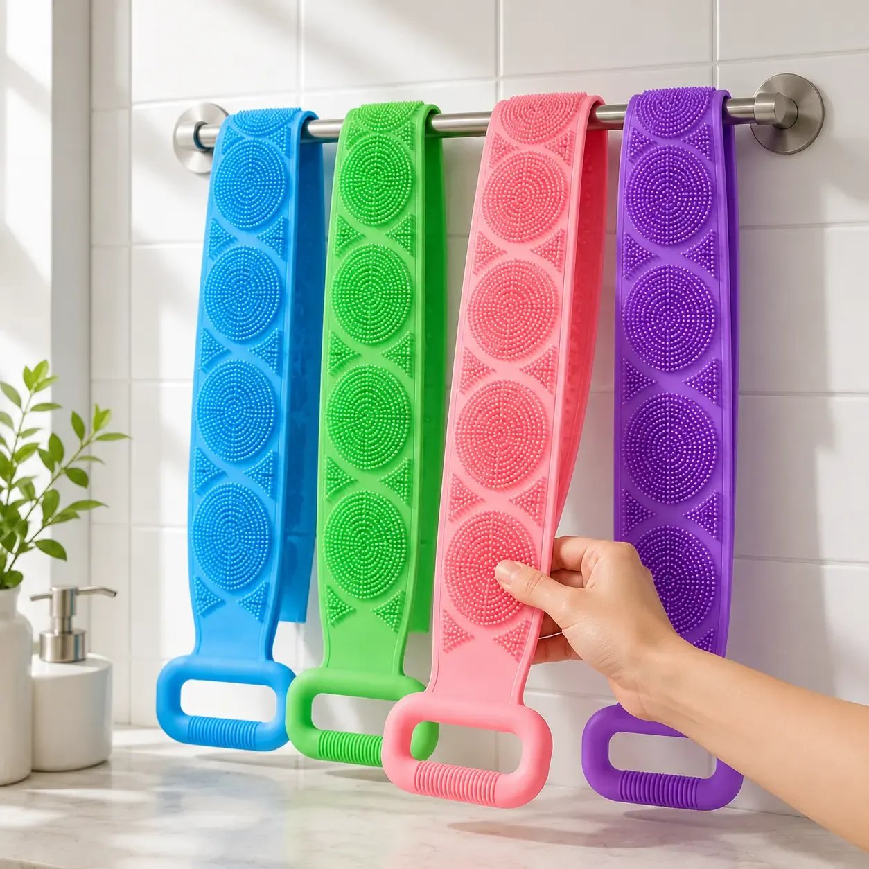 🛁 Silicone Bath Brush Back Scrubber with Handles – Double-Sided Exfoliating Shower Body Brush with Mesh Sponge for Deep Cleaning