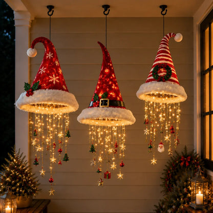 🎅 LAST DAY 49% OFF – Light-Up Christmas Hat Chandelier | Hanging Santa Hat Decoration with Warm LED Lights, Festive Ornaments & 3 Holiday Styles ✨