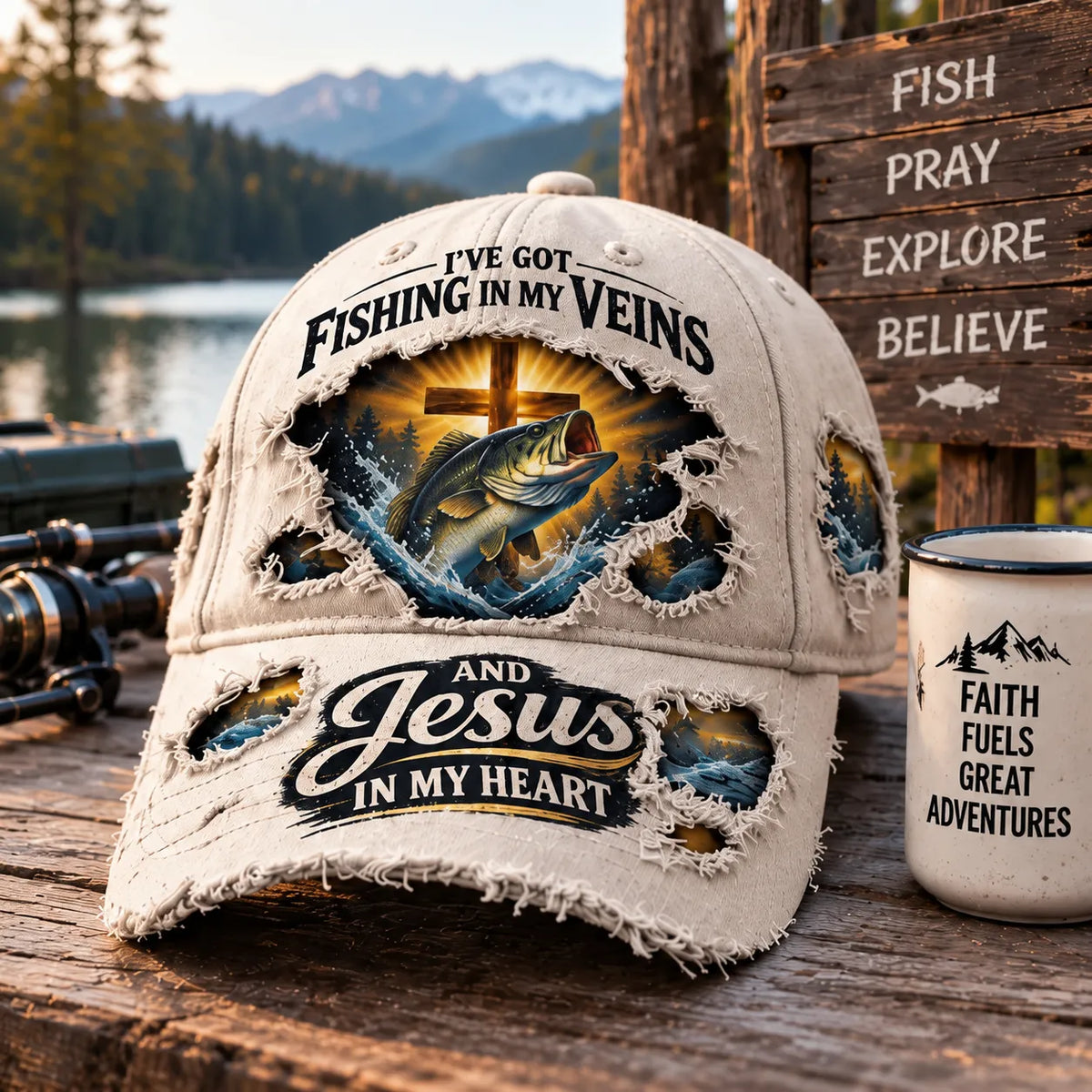 🎣✝️ Fishing & Faith Cap | “Fishing in My Veins, Jesus in My Heart” Christian Fisherman Hat for Lake, Boat & Outdoor Adventures 🙏🌊