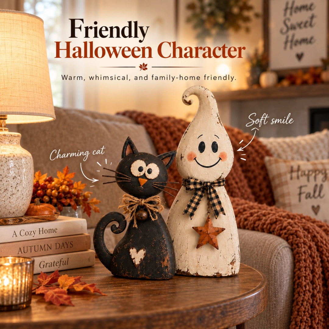 Vintage Ghost & Black Cat Halloween Figurine Set