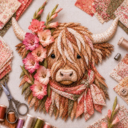 🐮💐🌸 Birth Flower Highland Cow 3D Layered Fabric Art DIY Kit (Beginner-friendly)