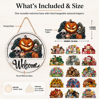 ⏳ Last Day 49% OFF – 🏡 Interchangeable Seasonal Welcome Door Sign | 12 in Woodgrain-Style Base with Magnetic 3D Toppers for Holidays, Seasons & Celebrations ✨