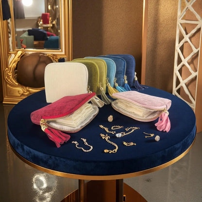 2 PCS jewelry zippered pocket case Travel Jewelry Bag Portable Organizer with 5 Compartments Velvet Satin Lining Tassel Zipper