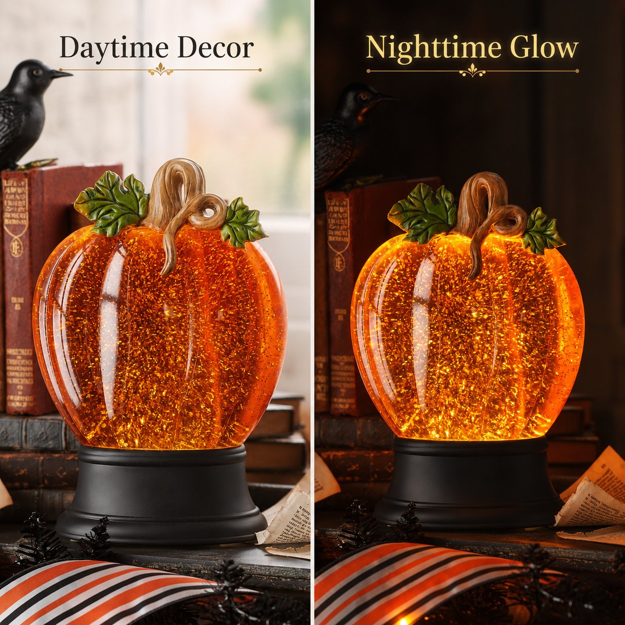Orange Fall Pumpkin Lighted Glitter Swirl Water Globe