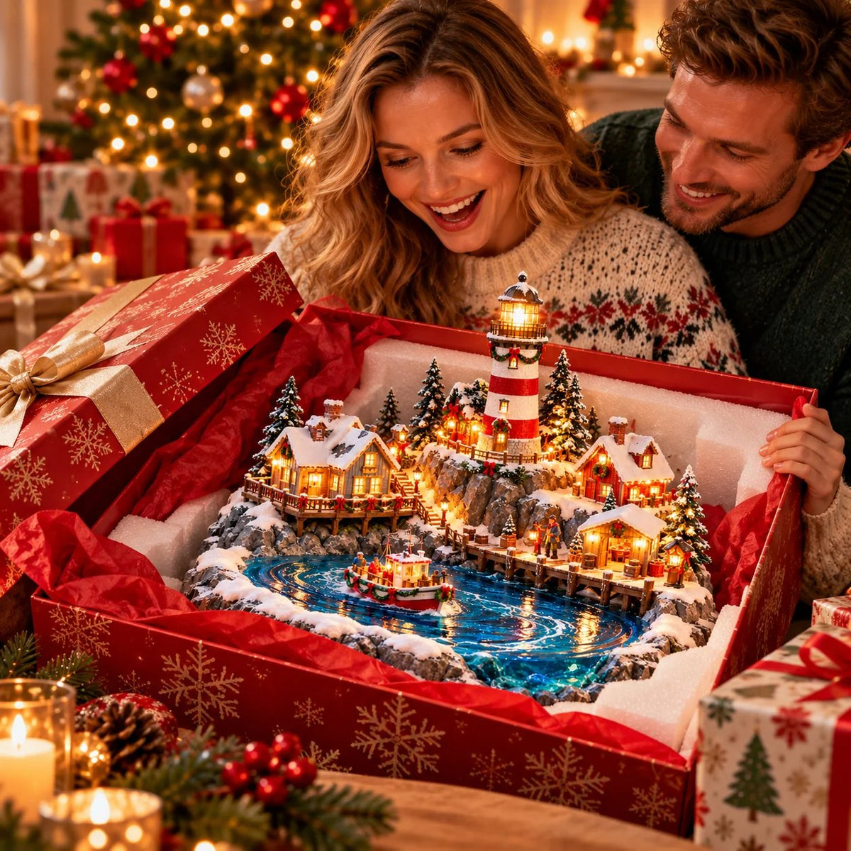 Coastal Christmas lighthouse village shown as a holiday gift