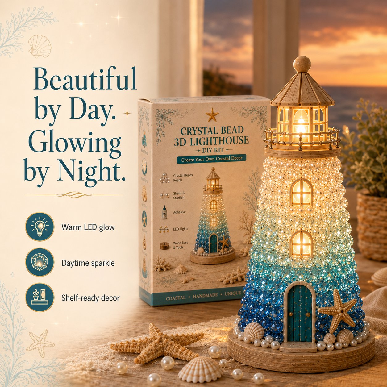 ⏳ Last Day 49% OFF – 🌊 Beginner-Friendly DIY Lighted Sea Glass-Style Lighthouse Kit Collection | Complete Kit with Sea Glass-Style Pieces, LED Lights & Step-by-Step Guide Included 💕