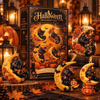 Black Cat Crescent Moon Halloween Ornament -  Spooky-Cute Hanging Keepsake Collection, Festive Halloween Gift for Cat Lovers & Family
