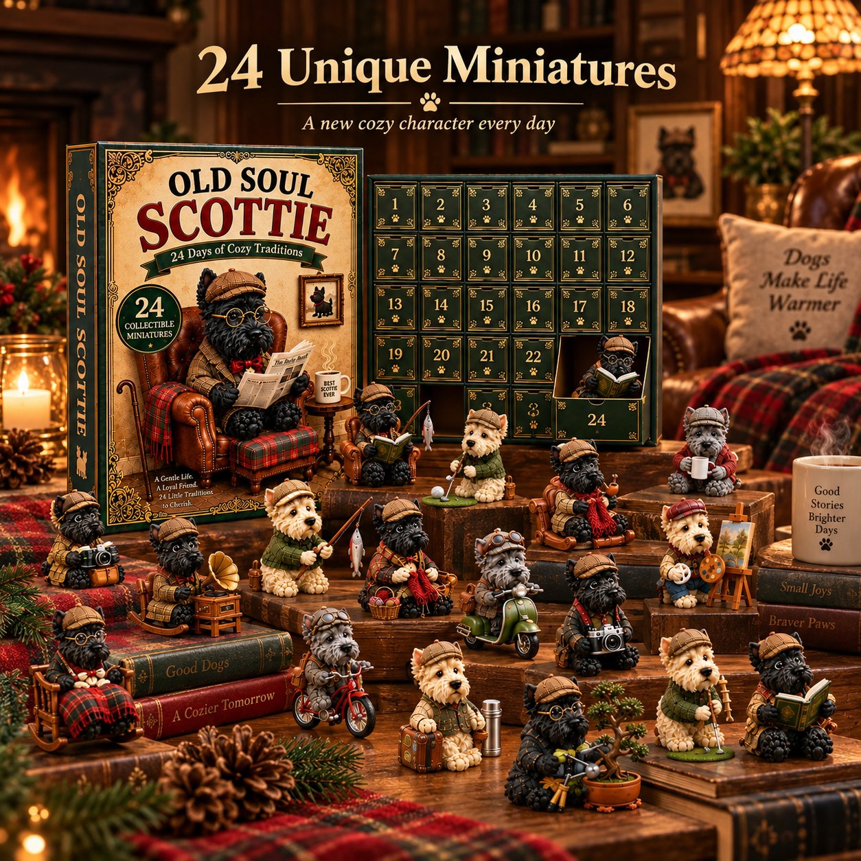 Old Soul Scottie 24-Day Advent Calendar – 24 Adorable Collectible Scottish Terrier Miniatures, Cozy Christmas Countdown Gift for Scottie Lovers & Dog Owners