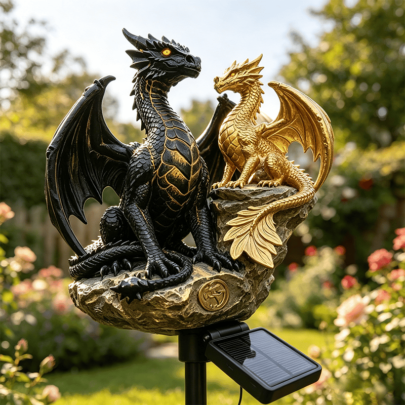 🐉 Solar-Powered Twin Dragon Garden Sculpture Light-Fantasy Outdoor Decor • Twin Ember Glow Edition