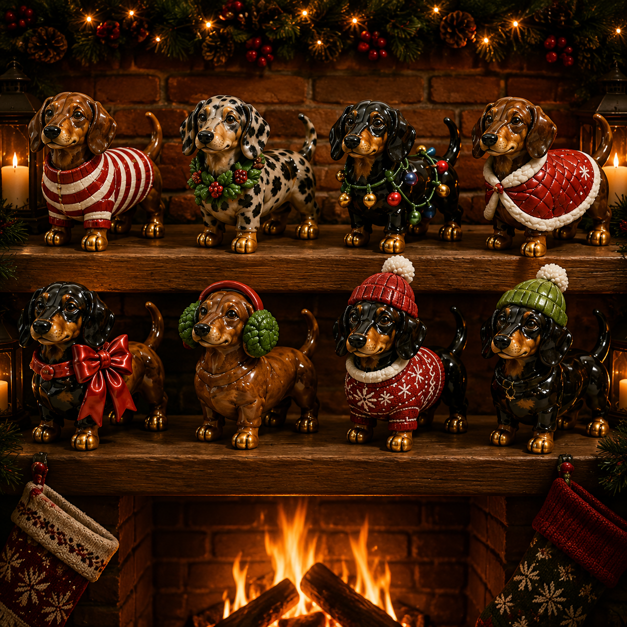 Christmas Dachshund figurines displayed by a fireplace