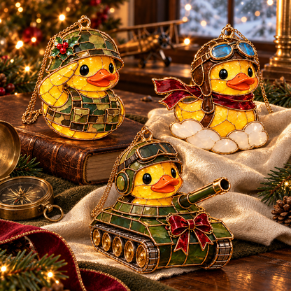 Military Duck Christmas Ornaments – 6-Piece Vintage Stained-Glass Style Gift Set