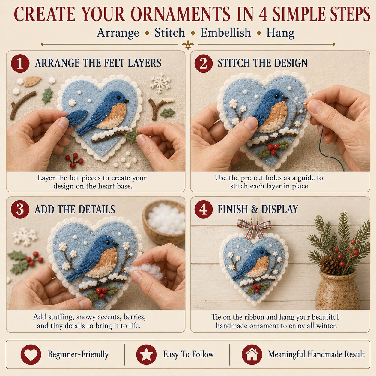 ⏳ Last Day 49% OFF – 🐦 Beginner-Friendly Winter Bird Felt Heart Ornament Sewing Kit Collection | Complete Kit with Pre-Cut Felt, Sewing Materials & Step-by-Step Guide Included 💕