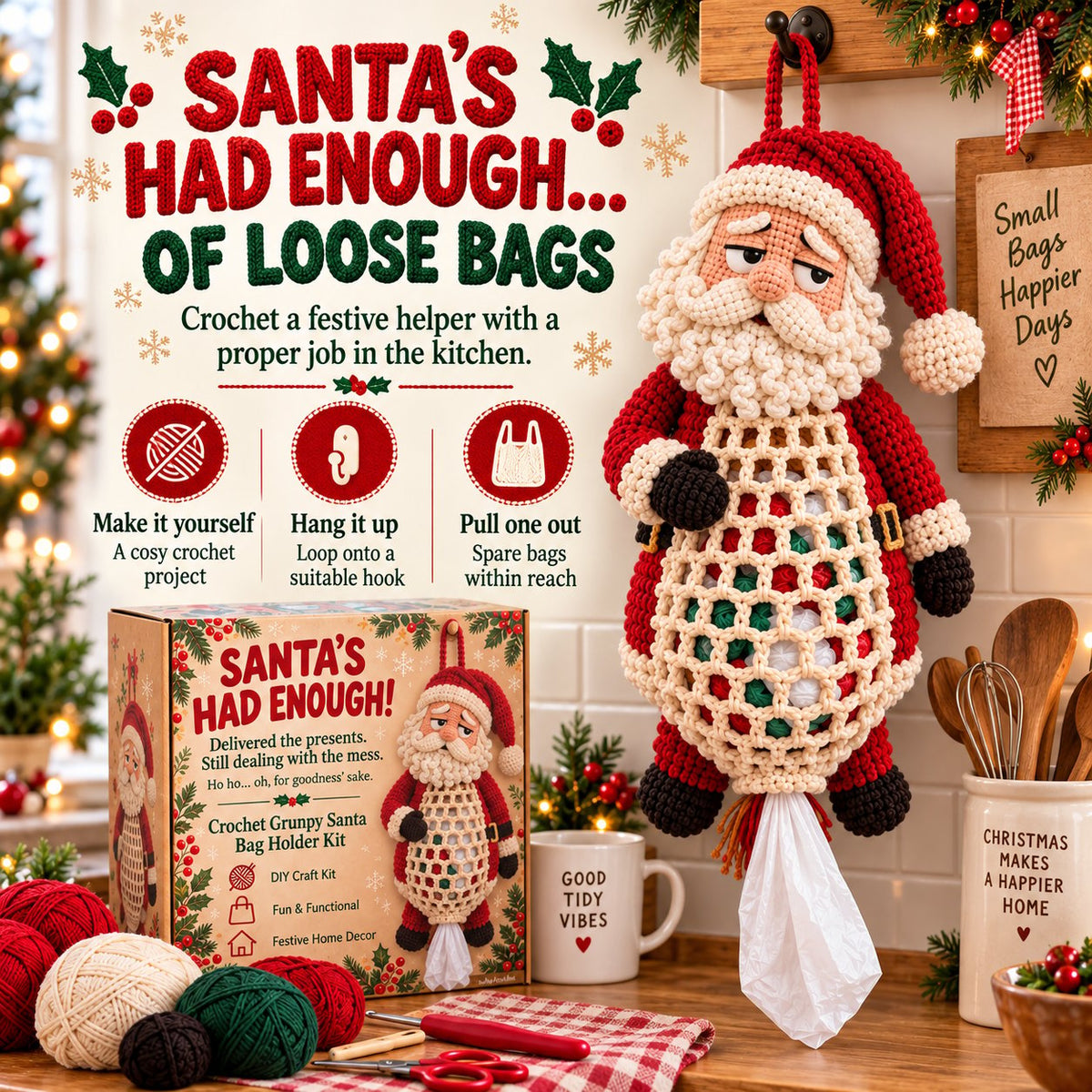 ⏳ Last Day 49% OFF – 🧶 Beginner-Friendly Christmas Crochet Bag Holder DIY Kit | 4 Festive Designs with Yarn, Tools & Guide Included 🎄