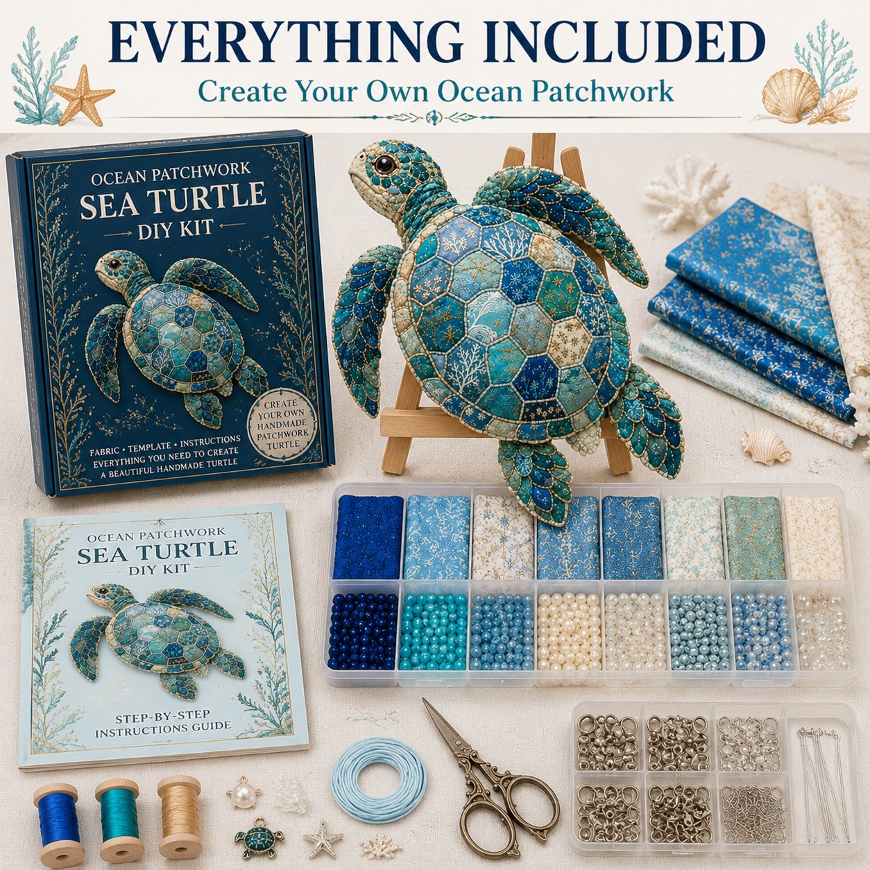 🌊🧵 Premium Ocean Patchwork DIY Kit | High-Quality Layered Fabric with Stitched Details DIY Handmade Coastal Decor 🐚✨