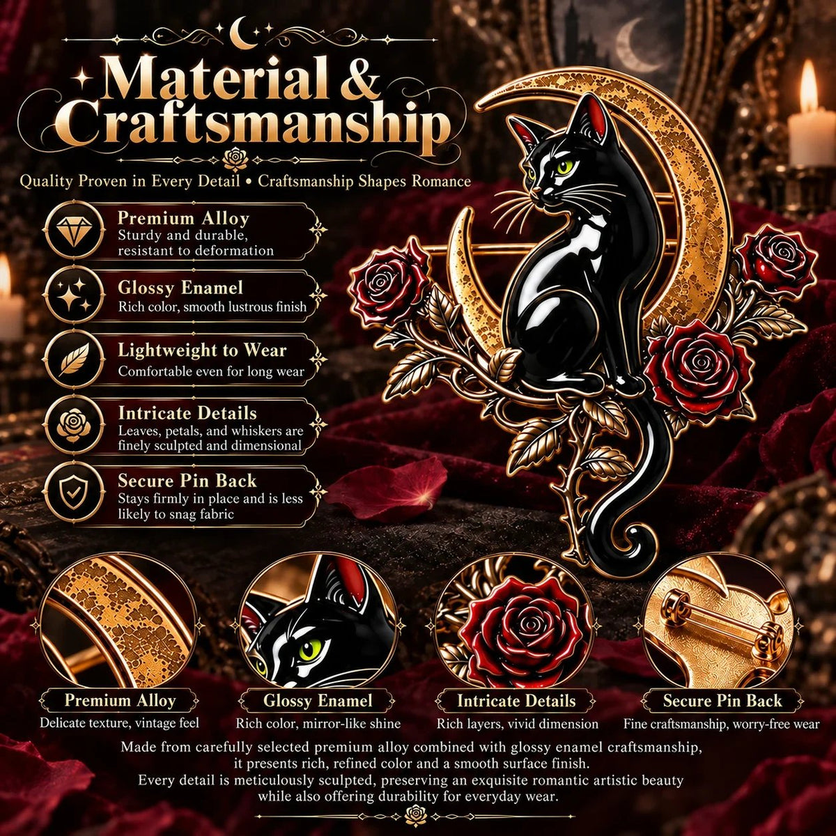 🐈‍⬛🌙 Black Cat Crescent Moon Brooch – Gothic Rose Statement Pin