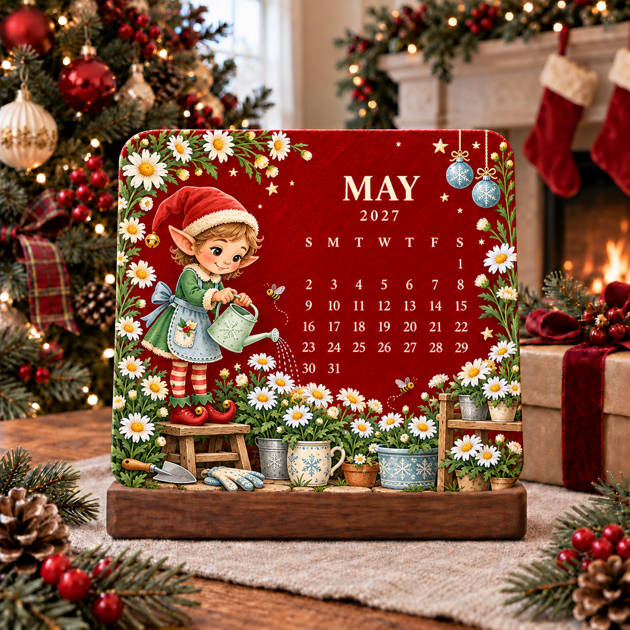 May 2027 daisy garden calendar card with a cheerful illustrated gardener