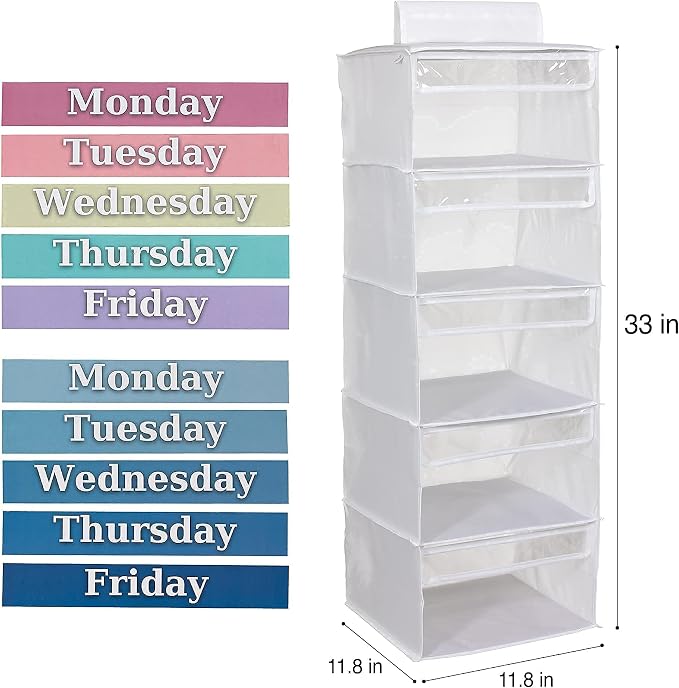 Monday through Friday Hanging Weekly Clothes Organizer for Kids