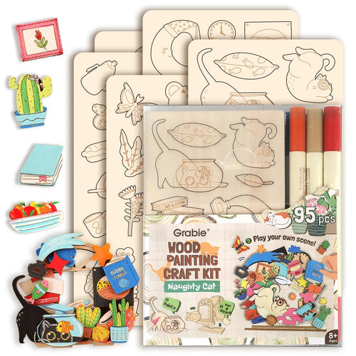 🎨 Beginner-Friendly 2-Collection Wood Painting Craft DIY Kit | Complete Bundle with 195 Pre-Cut Wooden Pieces, 24 Acrylic Colors & Adhesive Dots Included 💕