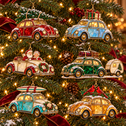 Vintage Christmas Rides – 6-Piece Stained-Glass Style Car Ornament Set