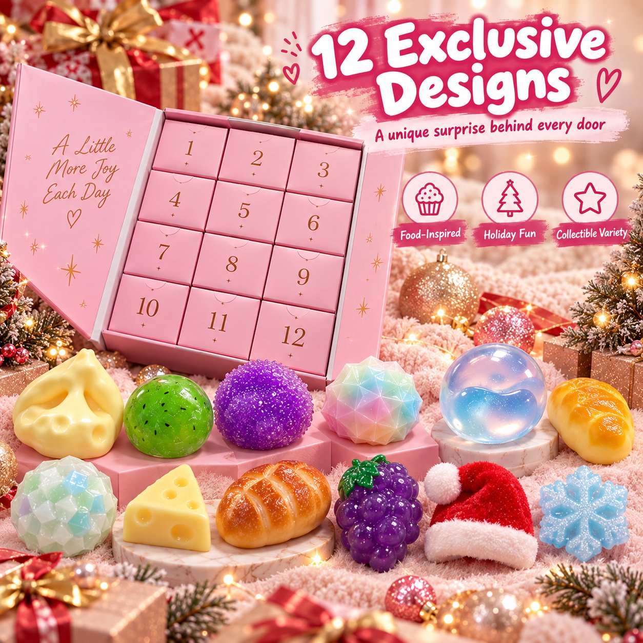 Pink 12-door Christmas squishy advent calendar surrounded by colorful food and holiday-themed squishy toys.
