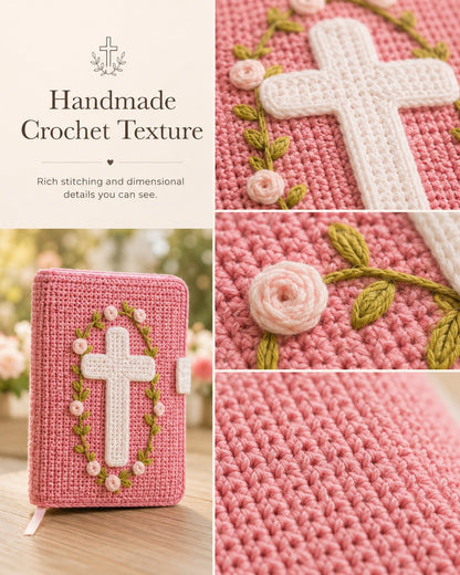 ✝️ Handmade Crochet Bible Cover with Floral Cross | Soft Protective Book Sleeve with Wrap Tie for Bibles, Prayer Books & Christian Gifts 🌸
