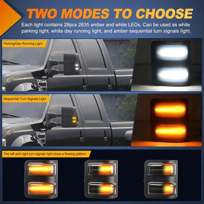 Dual-Color LED Truck Mirror Lights – Amber Turn Signal, White Parking Light, Smoked Lens, Plug-and-Play