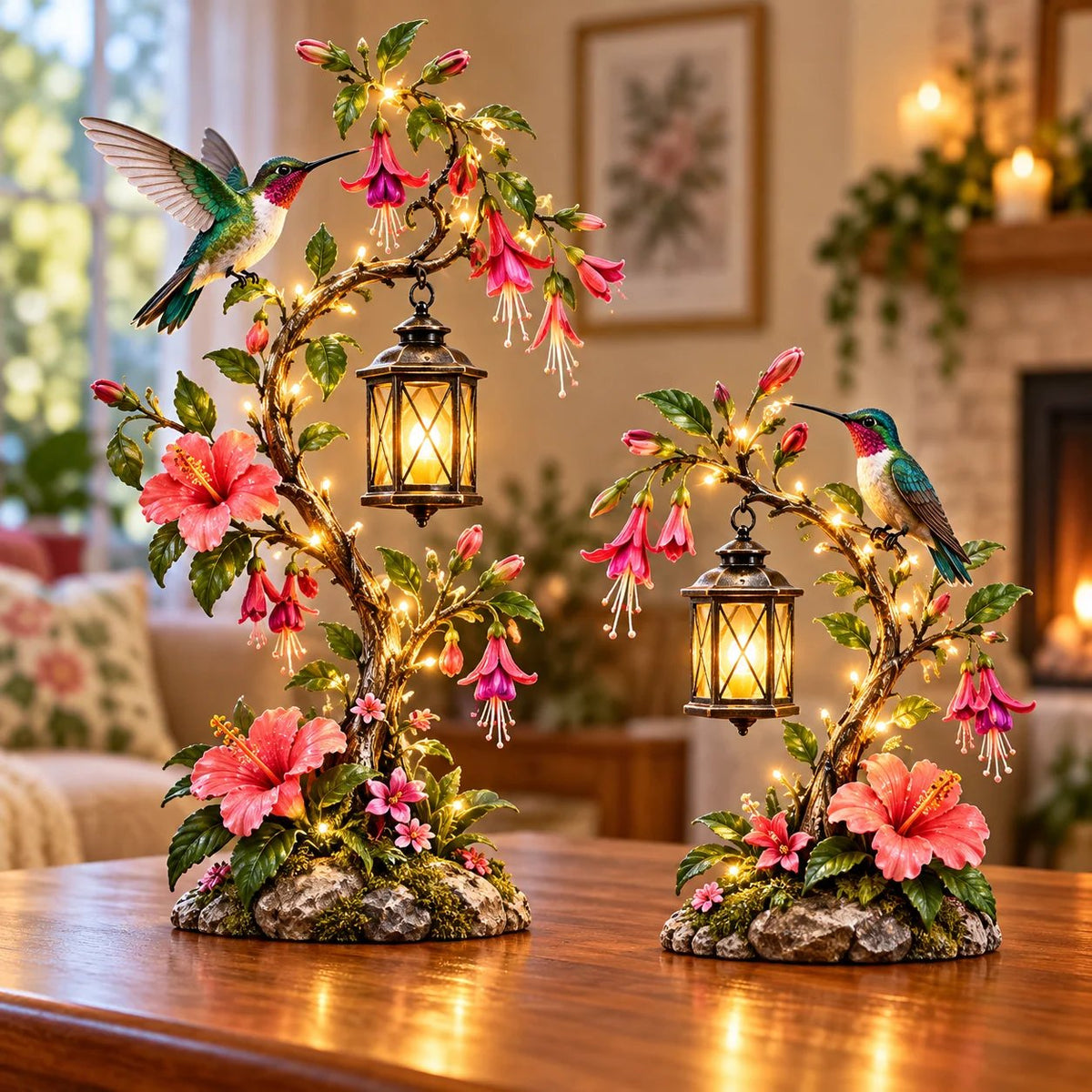 Hummingbird Garden Lantern Light - Lighted Floral Table Decor