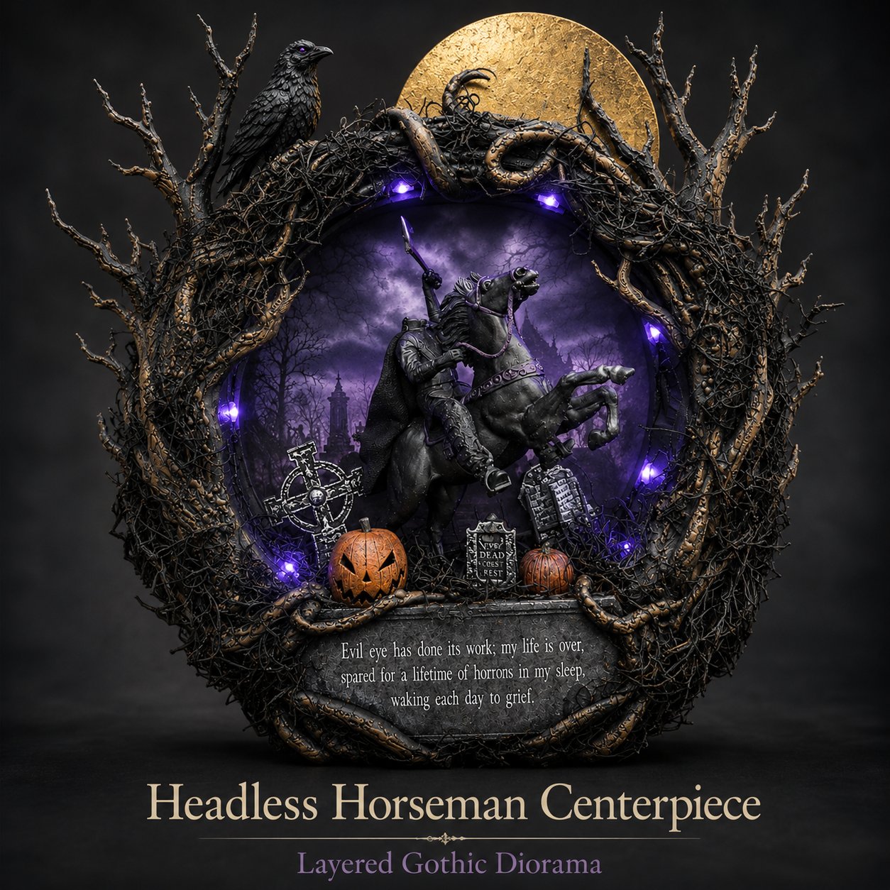 🦇Gothic Handcrafted Headless Horseman Mini Wreath With LED Purple Lights🎃