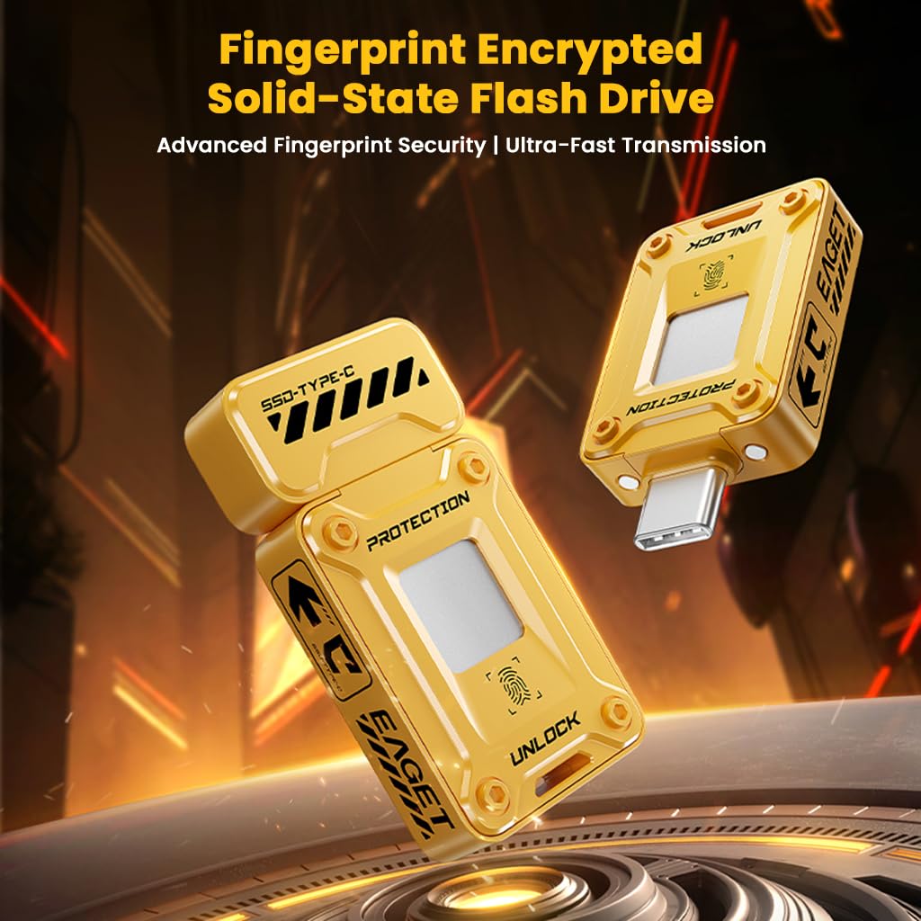 EAGET FU80 USB-C & USB-A Pen Drive, Flash Drive, 560MB/s, Fingerprint Encryption, Metal Casing, Solid State, Plug & Play, Secure Storage