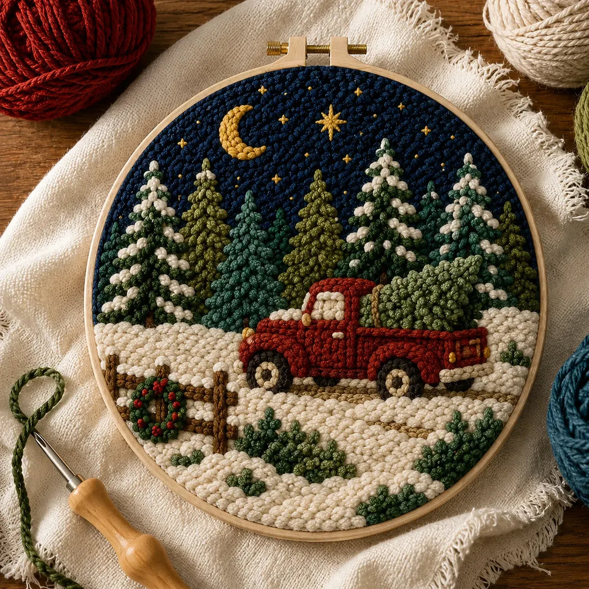 ⏳ Last Day 49% OFF – 🎄Beginner-Friendly Christmas Punch Needle DIY Kit | Complete Kit with Pre-Printed Fabric, Wooden Hoop, Thick Yarn, Punch Needle Tool & Step-by-Step Guide Included 💕