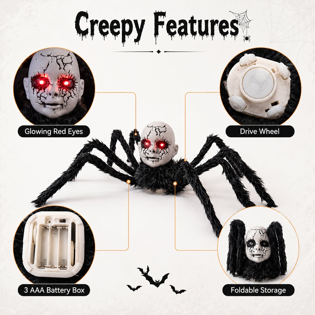 🕷️ Sound-Activated Crawling Baby-Face Spider Halloween Decor 🎃