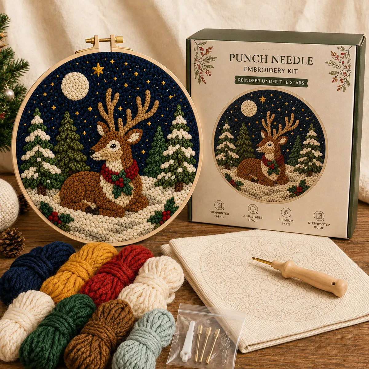 ⏳ Last Day 49% OFF – 🎄Beginner-Friendly Christmas Punch Needle DIY Kit | Complete Kit with Pre-Printed Fabric, Wooden Hoop, Thick Yarn, Punch Needle Tool & Step-by-Step Guide Included 💕