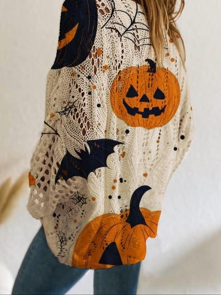 ON SALE🎃2026 Women's Halloween Pumkin Print Long Sleeve Knit Top, Spring Summer Fall Wear,