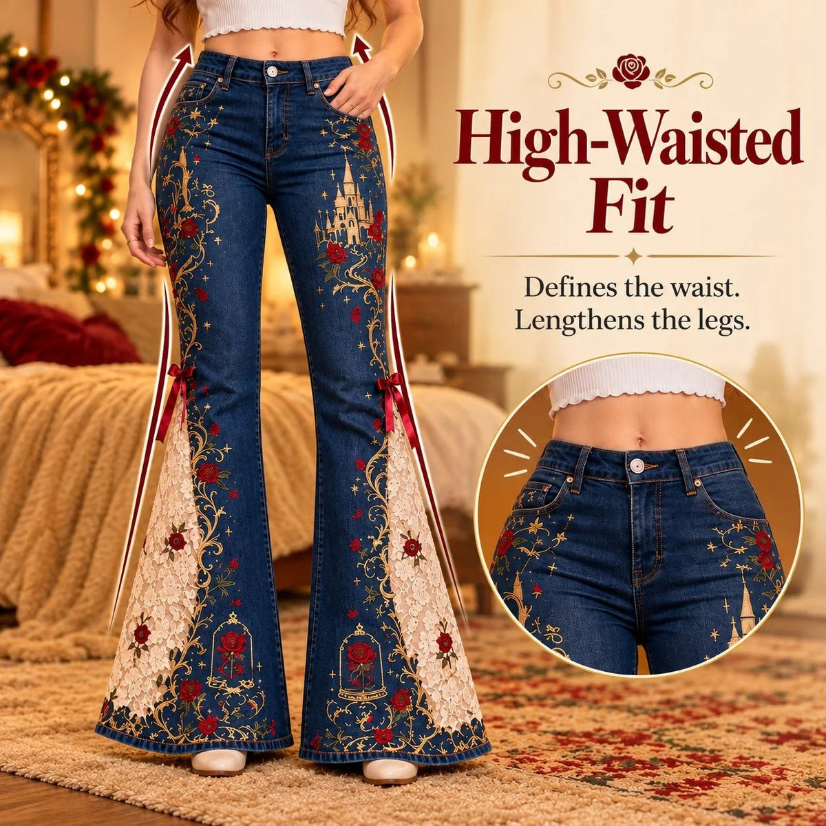 ⏳ Last Day 49% OFF – 🌹 Vintage Embroidered Flare Jeans | High-Rise Stretch Denim with Lace Panels & Floral Details ✨