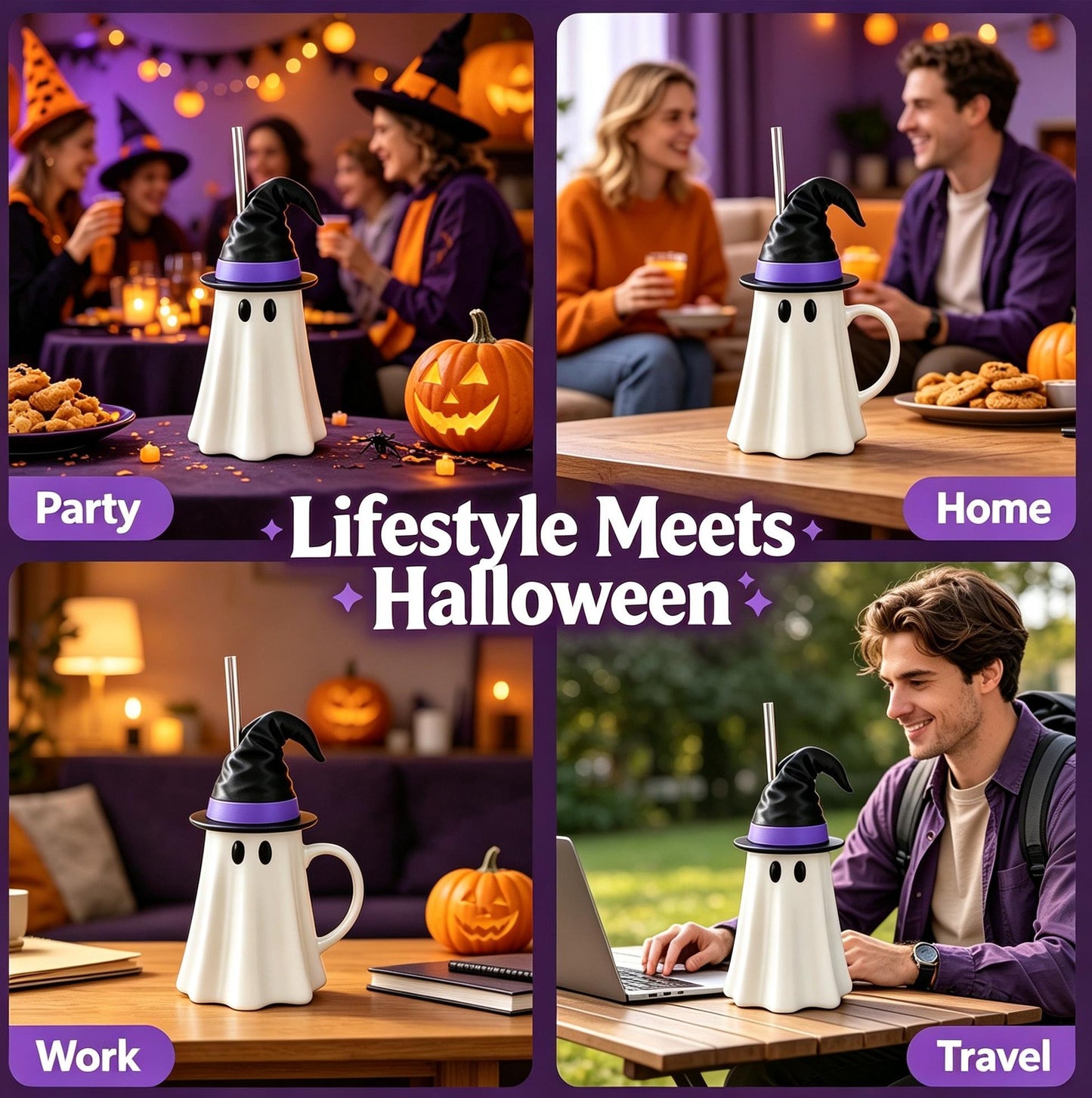 👻 Halloween Ghost Witch Hat Cup – Spooky Drink Bottle Holder with Straw 🎃