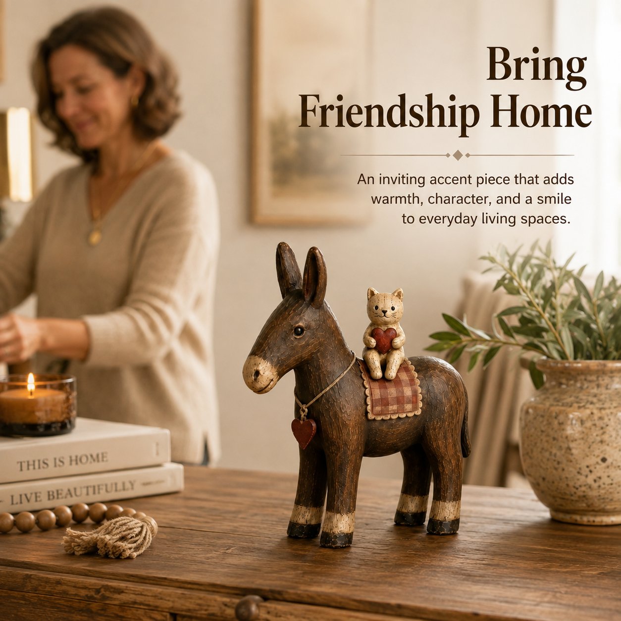 🐴 Rustic Donkey & Cat Friendship Figurine
