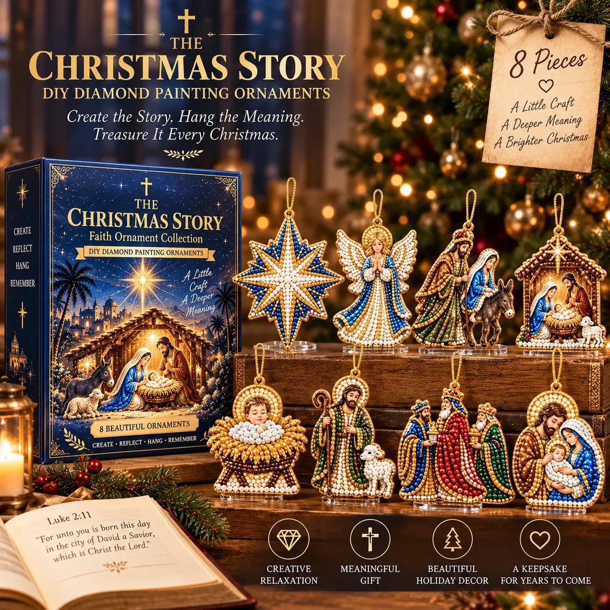 ✝️ Beginner-Friendly DIY Nativity Diamond Art Ornament Kit – Make the Christmas Story (8 Pieces)