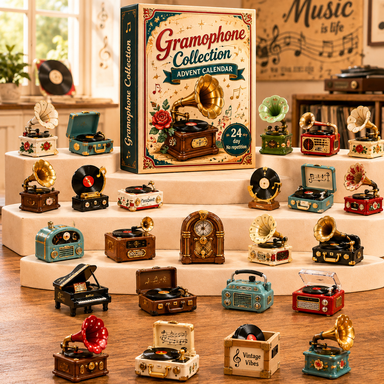 Gramophone Collection Advent Calendar 2027 – 24 Vintage Record Player & Music Miniatures, Retro Collectible Gift for Music Lovers
