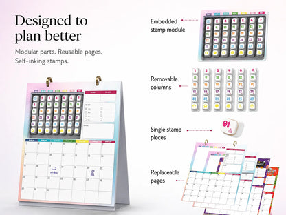 📅 Reusable Desk Calendar with 42 Self-Inking Event Stamps & 23 Replaceable Pages