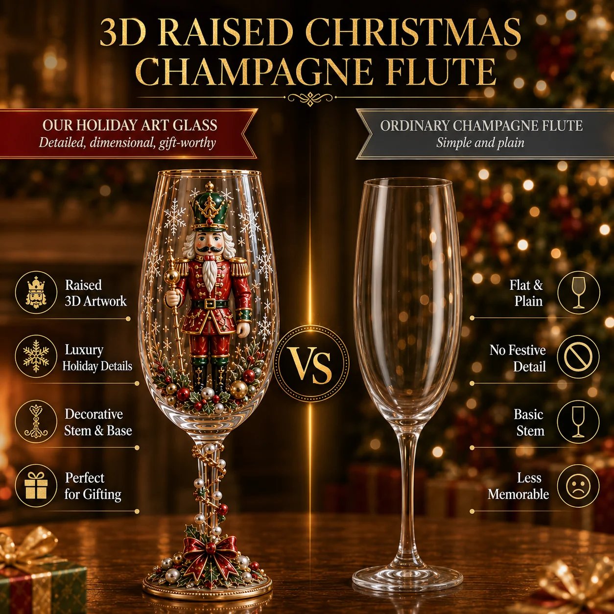 🎁🎭 Nutcracker-Inspired Christmas 3D Collector Champagne Glass Set
