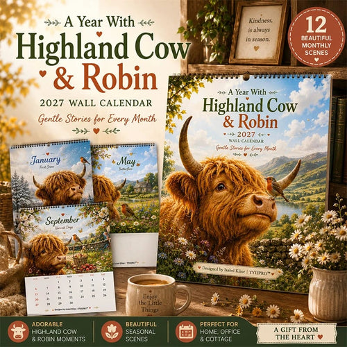 2027 Highland Cow & Robin Wall Calendar | Cozy British Countryside Calendar with Gentle Monthly Stories | A4 Gift for Animal Lovers