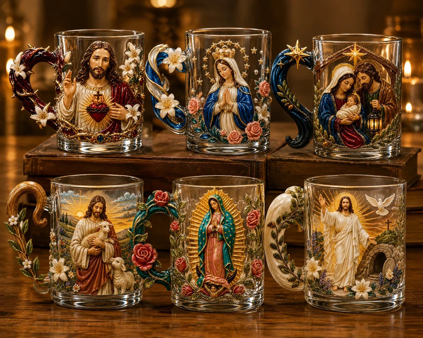 ⏳ Last Day 49% OFF – ✝️ 3D Christian Devotional Glass Mug Collection | 12oz Premium Clear Glass with Raised Jesus & Virgin Mary Figures, Sculptural Details & Jewel-Inspired Accents ✨