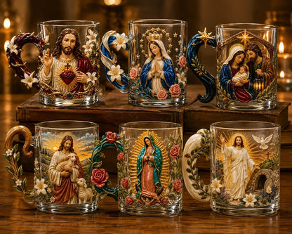 ⏳ Last Day 49% OFF – ✝️ 3D Christian Devotional Glass Mug Collection | 12oz Premium Clear Glass with Raised Jesus & Virgin Mary Figures, Sculptural Details & Jewel-Inspired Accents ✨
