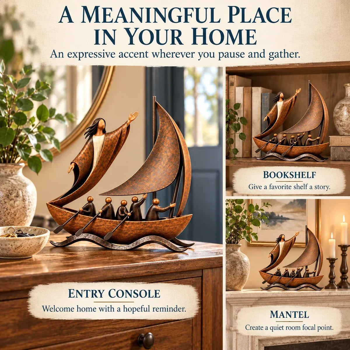 ⛵ Faith-Inspired Sailing Boat Sculpture | Bronze-Tone Décor with Symbolic Figures & Timeless Detail ✨